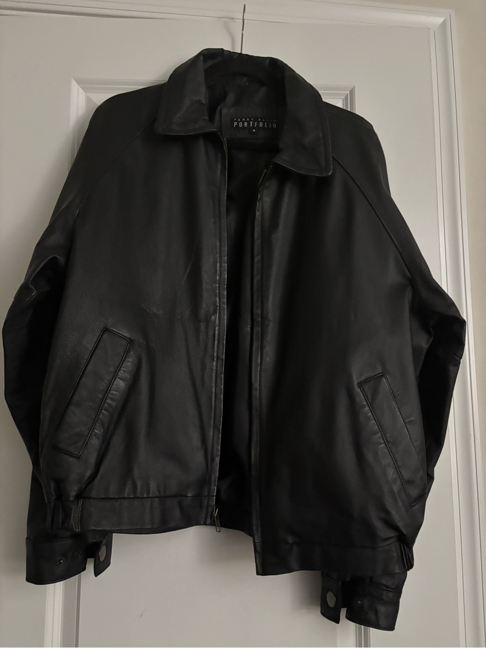 Perry Ellis Black Leather Bomber Jacket